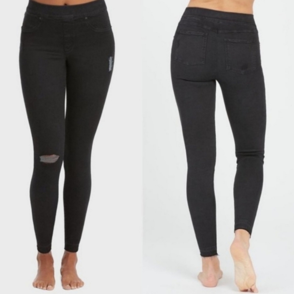 SPANX Jeans Vintage Distressed Ankle Comfy Pull-on Black Elastic High Rise Waist